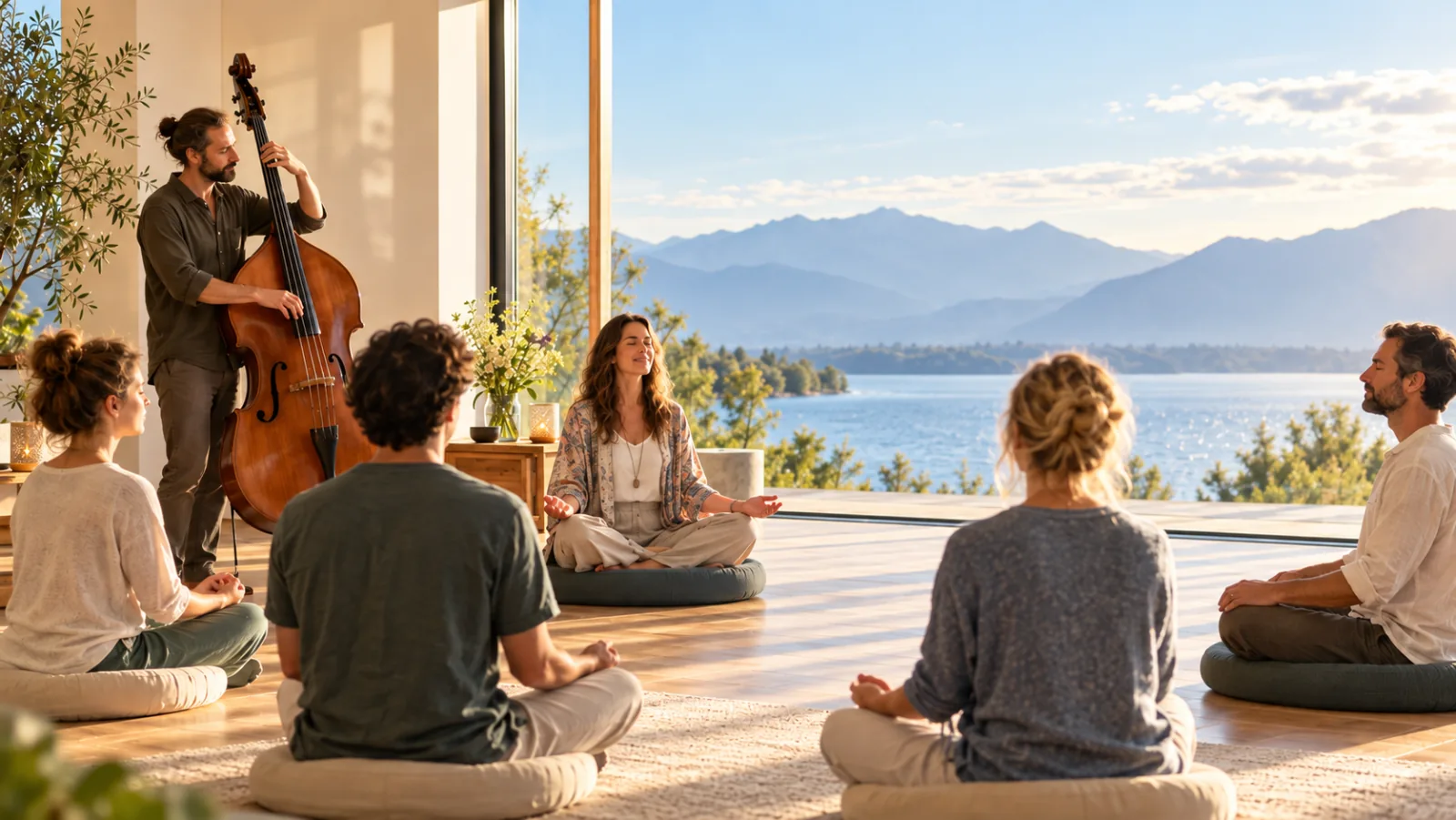 Menschen sitzen im Schneidersitz auf Meditationskissen in einem hellen Raum mit Blick auf einen See und Berge, links spielt ein Mann Kontrabass
